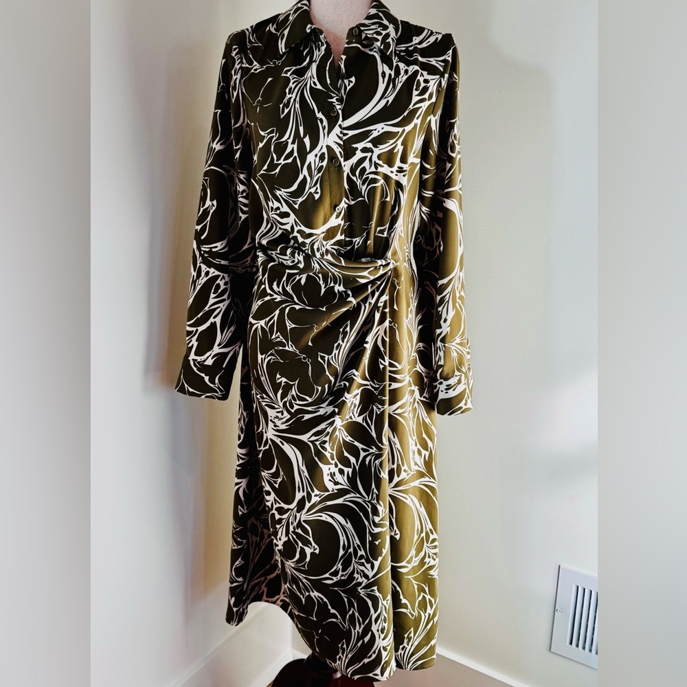RW&CO Canada Faux Wrap Olive and White Long Sleeve Dress​
